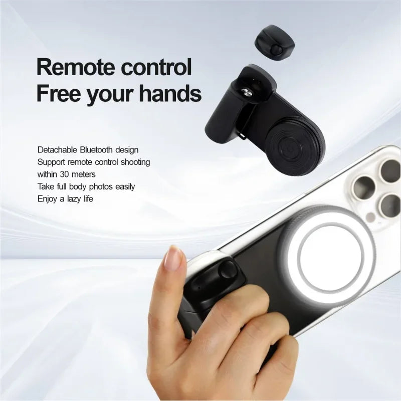 Magnetic Phone Holder Handle Grip with Detachable 30M Bluetooth Remote Phone Stands with Fill Light Selfie Handle Photo Bracket