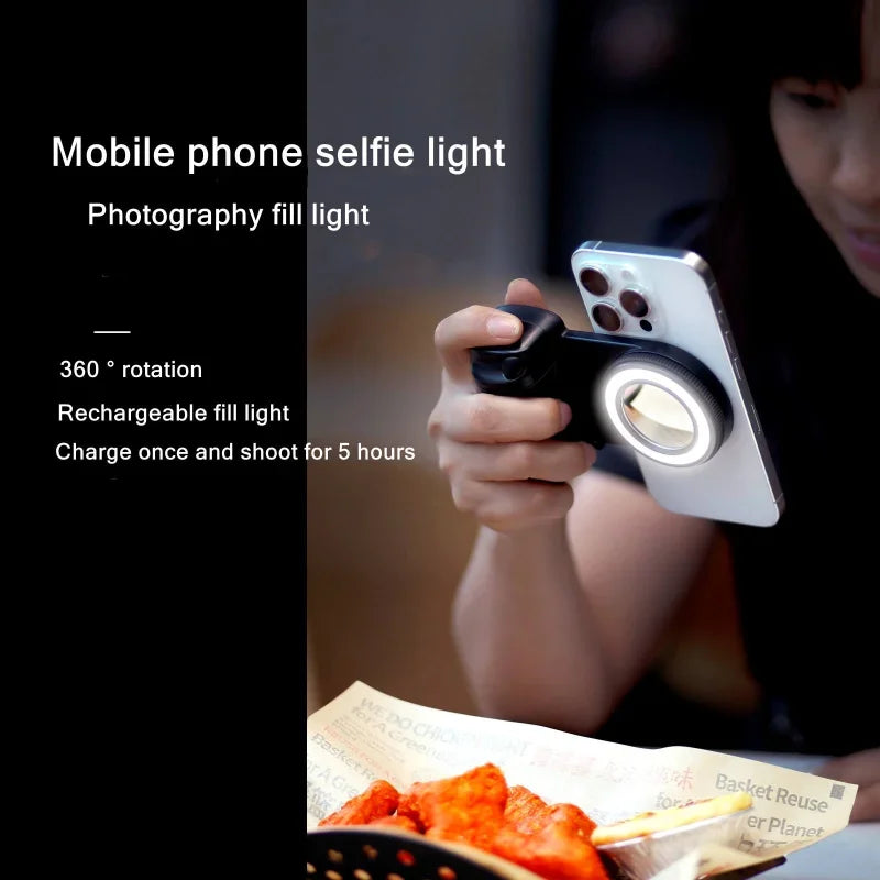 Magnetic Phone Holder Handle Grip with Detachable 30M Bluetooth Remote Phone Stands with Fill Light Selfie Handle Photo Bracket